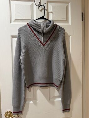 Sincerly Jules Gray V-Neck Half-Zip Sweater with Red Trim